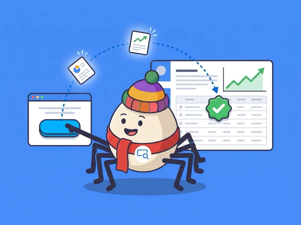 The BlogSEO mascot pressing an Add keyword button in a browser popup, sending a keyword card and a competitor card into a dashboard with a rising chart