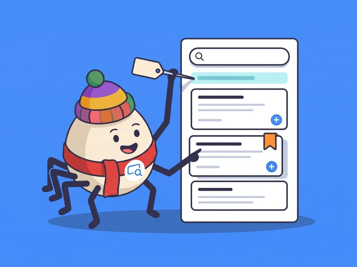 The BlogSEO mascot pinning a target keyword tag onto a search results page, with a BlogSEO bar above the results and a competitor flag on one result