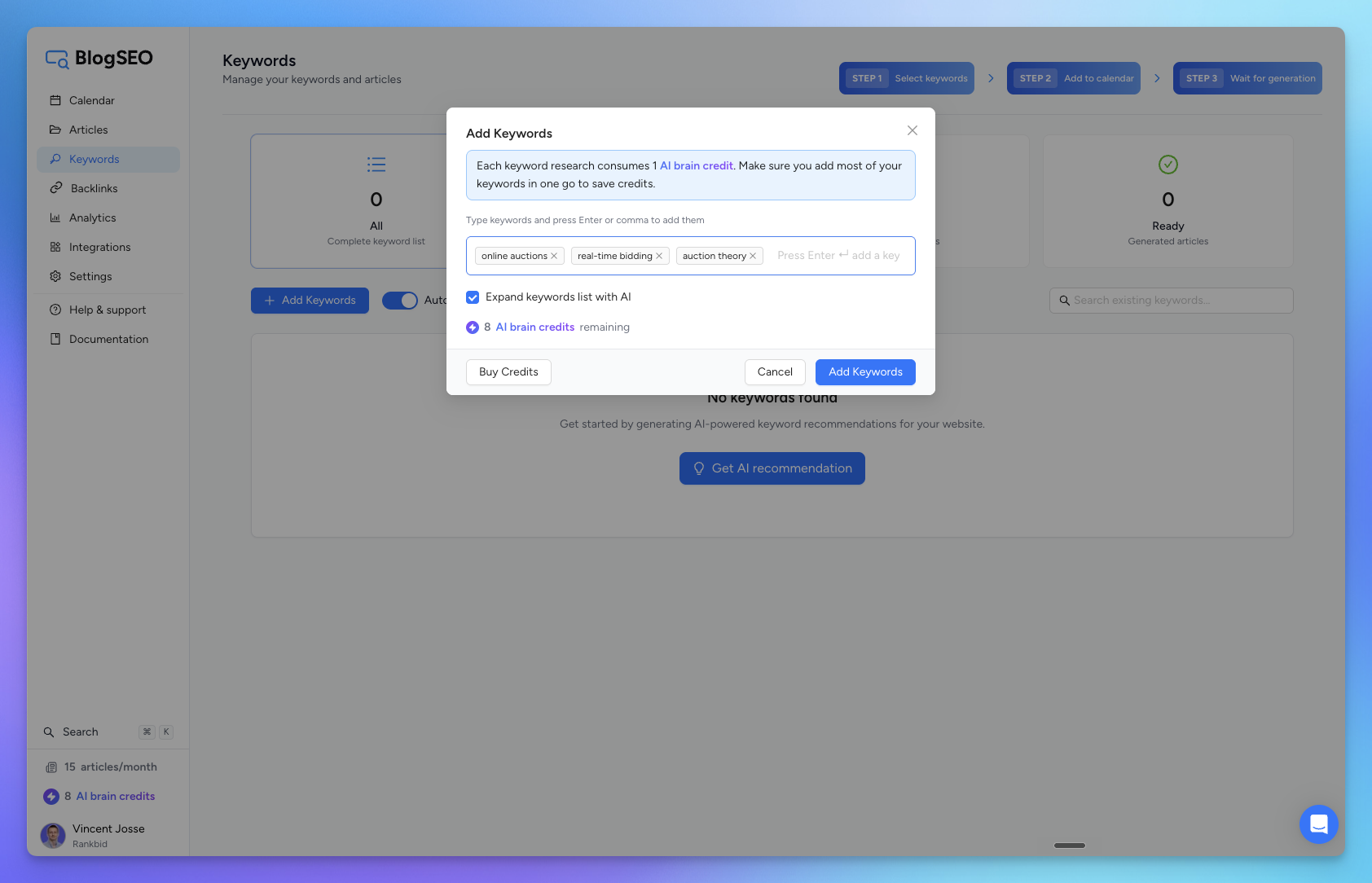 Adding your own seed keywords on the BlogSEO keywords page
